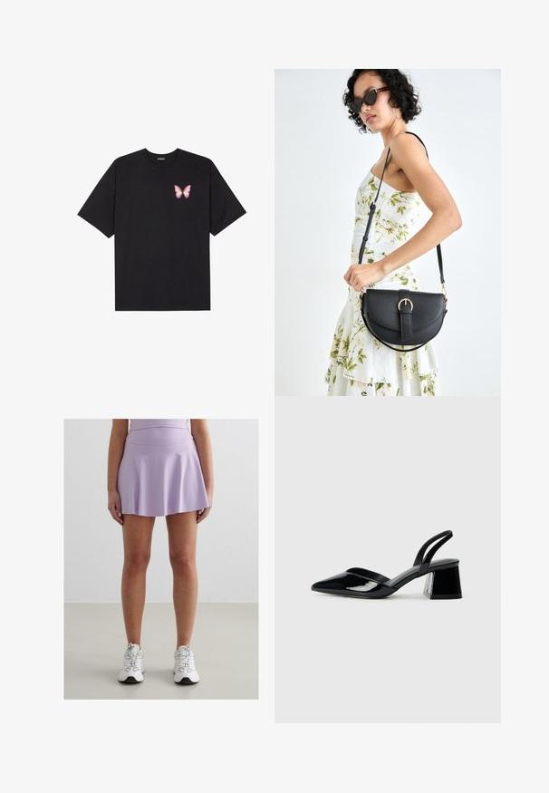 Czarny bawełniany t-shirt z krótkim rękawem, z małym różowym motylkiem na lewej piersi. Klasyczny dekolt z luźnym fasonem.; Fioletowa spódniczka sportowa z rozkloszowanym dołem, wykonana z gładkiego, elastycznego materiału. Połączona z białymi trampkami z szarymi akcentami.; Czarne lakierowane półbuty na obcasie z wydłużonym noskiem i geometrycznym słupkiem. Charakteryzują się eleganckim, minimalistycznym designem oraz gładką fakturą.; Czarna skórzana torebka o zakrzywionym kształcie, z odpinanym paskiem i złotymi akcentami. Torebka posiada klapę z zapięciem w kształcie klamry.