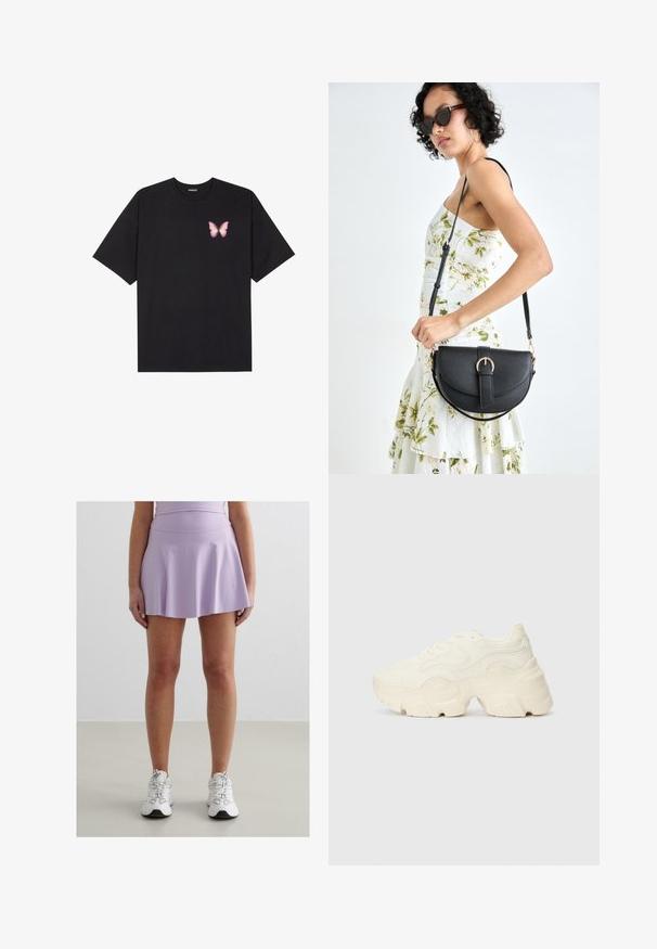 T-shirt en coton noir à manches courtes, avec un petit graphique de papillon rose sur la poitrine gauche. Modèle à col rond avec une coupe décontractée.; Jupe de sport lilas avec un ourlet évasé, fabriquée à partir d'un tissu lisse et extensible. Accompagnée de baskets blanches avec des accents gris.; Baskets blanches chunky en maille texturée et matériaux synthétiques, avec une semelle épaisse et des détails en motif complexes sur les côtés.; Sac à main en cuir noir avec une forme courbée, bandoulière amovible et des accessoires en or. Le sac est doté d'un rabat avec un détail de boucle.