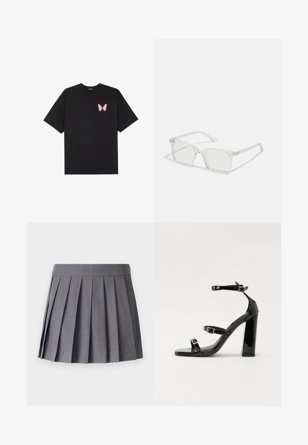 Fekete pamut póló rövid ujjakkal, bal mellkason egy kis rózsaszín pillangó grafikával. Kerek nyakú kialakítás, laza fazonnal.; SOMETHINGNEW SNMEGAN MINI - Rakott szoknya - harbor mist; Fekete lakk magas sarkú szandál négyzet alakú orral, bokapántokkal és ezüst csatokat tartalmaz. Masszív blokk sarka a stabilitásért felel.; Átlátszó műanyag négyzet alakú szemüveg, áttetsző lencsékkel, arany díszítéssel a szárakon a fokozott részletekért.