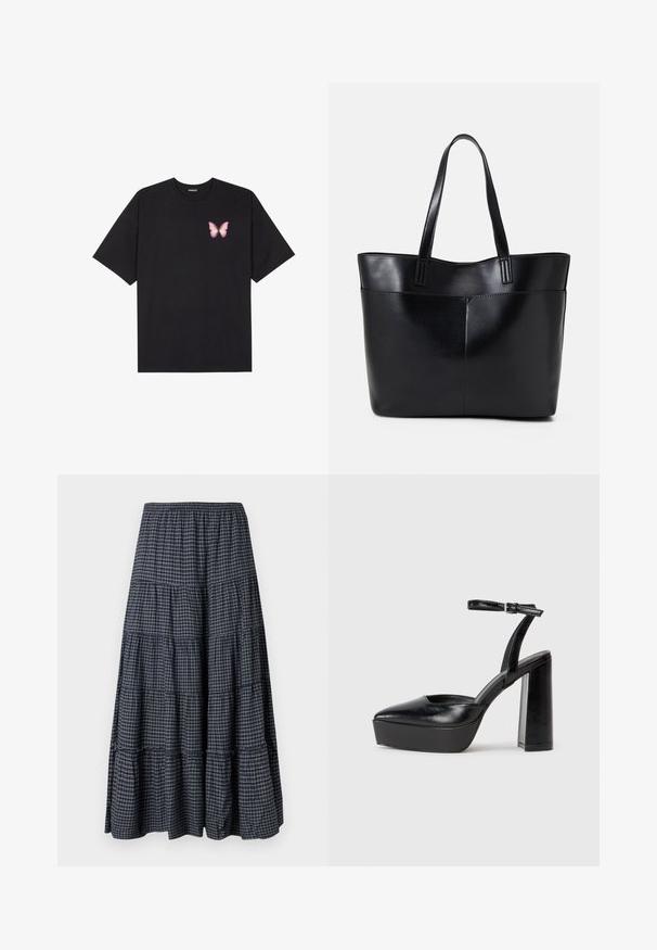 Schwarzes Baumwoll-T-Shirt mit kurzen Ärmeln, das ein kleines pinkes Schmetterlingsmotiv auf der linken Brust zeigt. Crewneck-Design mit einem entspannten Schnitt.; Stufiger Maxi-Rock in marineblauem Plaidmuster mit elastischem Bund, mehreren Stofflagen und einer weichen, strukturierten Oberfläche.; Schwarze Plateau-High Heels mit spitzem Zeh und verstellbarem Knöchelriemen. Gefertigt aus glattem Leder und mit einem klobigen Blockabsatz.; Schwarze Leder-Shopper-Tasche mit zwei langen Griffen, einer glatten Textur und einer strukturierten Form. Verfügt über eine Vordertasche für zusätzlichen Stauraum.