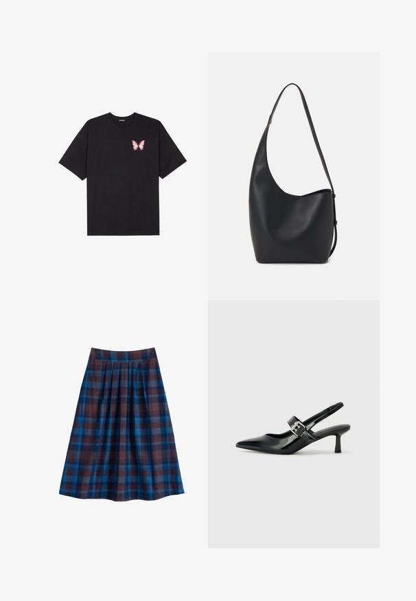 Fekete pamut póló rövid ujjakkal, bal mellkason egy kis rózsaszín pillangó grafikával. Kerek nyakú kialakítás, laza fazonnal.; Kék és barna kockás pliszírozott szoknya magas derékkal, térd alá érő, fehér háttéren kifeszítve bemutatva.; Fekete lakkbőr slingback sarkú cipők hegyes orral és kis blokk talppal, ezüst csat díszítéssel a pánton.; Fekete bőr hobo táska sima textúrával, ívelt formával és egyetlen állítható pánttal; széles nyílás található a tetején.