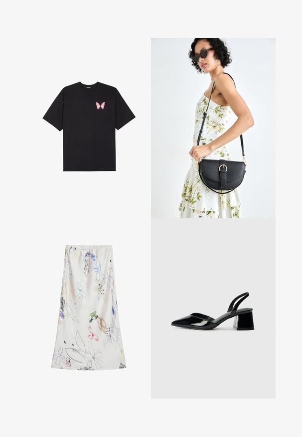 T-shirt en coton noir à manches courtes, avec un petit graphique de papillon rose sur la poitrine gauche. Modèle à col rond avec une coupe décontractée.; Desigual WITH STROKES - Jupe longue - beige; Escarpins en cuir verni noir avec bout pointu et talon bloc géométrique. Présente un design élégant et minimaliste ainsi qu'une texture lisse.; Sac à main en cuir noir avec une forme courbée, bandoulière amovible et des accessoires en or. Le sac est doté d'un rabat avec un détail de boucle.