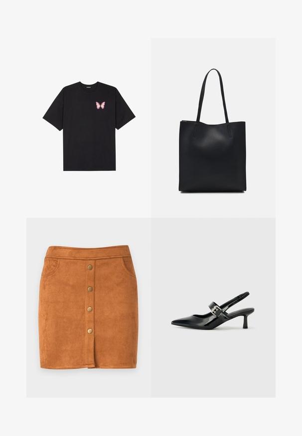 Must muströöpidega must puuvillane T-särk, vasakul rinnal on väike roosa liblikas. Ümar kaelus ja vabalt istuv lõige.; Pruun nahkmini seelik otse lõikega, millel on ees nööbid, kaks küljetaskut ja peened õmblused.; Mustad patenteeritud nahast sildiga kontsad, millel on terav nina ja väike plokk-konts, mille rihmal on hõbedane pandla aksessuaar.; Mustast nahast kott sujuva tekstuuriga, ristkülikukujuline ja kahe pika sangaga. Pole nähtavat riistvara ega kaunistusi.