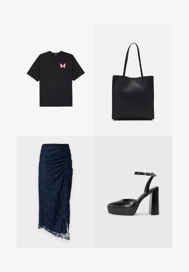 T-shirt de algodão preto com mangas curtas, apresentando um pequeno gráfico de borboleta rosa no lado esquerdo do peito. Design de gola redonda com um corte solto.; Saia midi em renda azul-marinho com um design pregueado, bainha assimétrica e padrões florais, com uma textura translúcida na parte inferior.; Saltos altos pretos com bico fino e atilho ajustável no tornozelo. Confeccionados em couro suave, apresentam um salto bloco robusto.; Bolsa tote preta em couro com textura lisa, forma retangular e duas alças longas. Sem hardware ou enfeites visíveis.