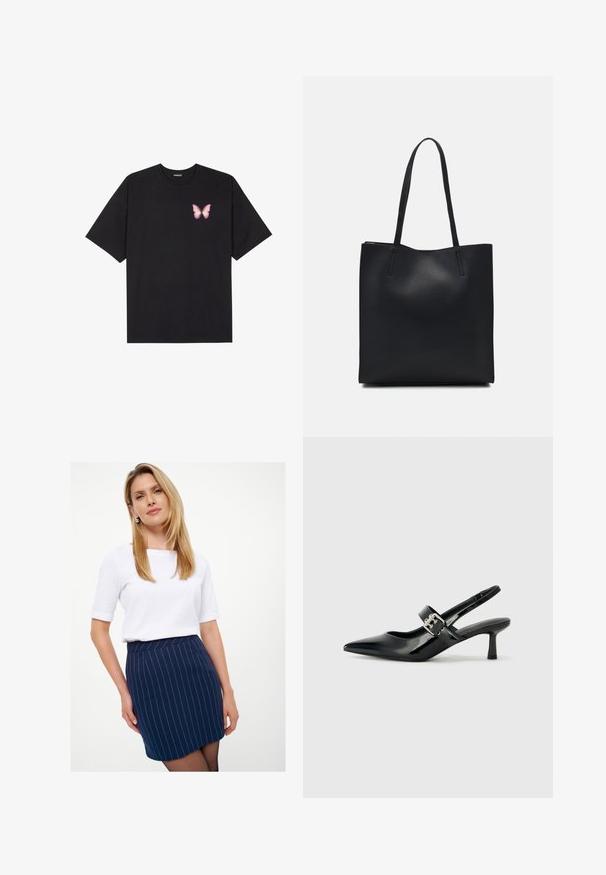 Crna pamučna majica s kratkim rukavima, s malim grafičkim prikazom ružičaste vjetricaste s desne strane na prsima. Dizajn s okruglim izrezom i opuštenim krojem.; Mornarsko prugasta suknja s prilagođenim dizajnom i pojasom, uparen s bijelim topom kratkih rukava. Glatka tekstura tkanine, minimalistički stil.; Crne lakirane slingback potpetice s oštrim prstom i malom blok petom, s naglaskom na srebrnoj kopči na remenu.; Crna kožna torba za nošenje s glatkom teksturom, pravokutnim oblikom i dvije duge ručke. Nema vidljivih metalnih dijelova ili ukrasa.