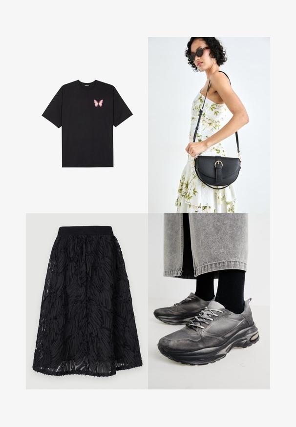 Črna bombažna majica s kratkimi rokavi, ki ima majhen roza metuljček na levi strani prsnega dela. Majica s krožnim ovratnikom in sproščenim krojem.; Črna krila z teksturiranim vzorcem in plastmi valovitih oblik. Tkanina se zdi lahkotna z nabranim pasom in tekočim robom.; Črne in sive športne čevlje imajo mrežast zgornji del, debele podplate in vezalke. Imajo zaobljen nos in opazne podrobnosti oblazinjenja.; Črna usnjena torbica s ukrivljeno obliko, z odstranljivo naramnico in zlatimi dodatki. Torbica ima pokrov s podrobnostmi v obliki zaponke.