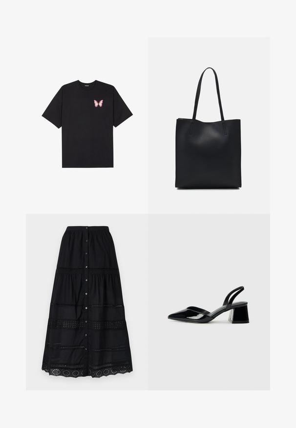 Black cotton t-shirt with short sleeves, featuring a small pink butterfly graphic on the left chest. Crew neck design with a relaxed fit.; Black button-up skirt with a tiered design, featuring lace trim and a textured fabric. Includes silver buttons down the front.; Black patent leather slingback heels with a pointed toe and a geometric block heel. Features a sleek, minimal design and smooth texture.; Black leather tote bag with smooth texture, rectangular shape, and two long handles. No visible hardware or embellishments.