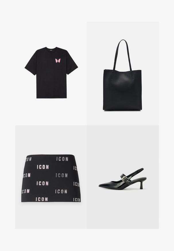 Černé bavlněné tričko s krátkým rukávem, na levém prsou s malou grafikou růžové motýlky. Design s kruhovým výstřihem a volným střihem.; Černá minisukně s třpytivým textem "ICON" v opakujícím se vzoru na látce, hladká textura a přiléhavý design.; Černé lakované boty na podpatku typu slingback s špičatou špičkou a malým blokovým podpatkem, které mají na pásku stříbrný přezkový akcent.; Černá kožená taška přes rameno s hladkým povrchem, obdélníkovým tvarem a dvěma dlouhými uchy. Žádné viditelné kování ani ozdoby.