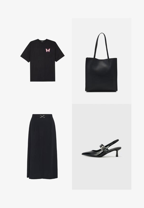 Black cotton t-shirt with short sleeves, featuring a small pink butterfly graphic on the left chest. Crew neck design with a relaxed fit.; Black, knee-length skirt made of smooth fabric, featuring a high waistband with a silver-toned buckle and pleats for added dimension.; Black patent leather slingback heels with a pointed toe and a small block heel, featuring a silver buckle accent on the strap.; Black leather tote bag with smooth texture, rectangular shape, and two long handles. No visible hardware or embellishments.