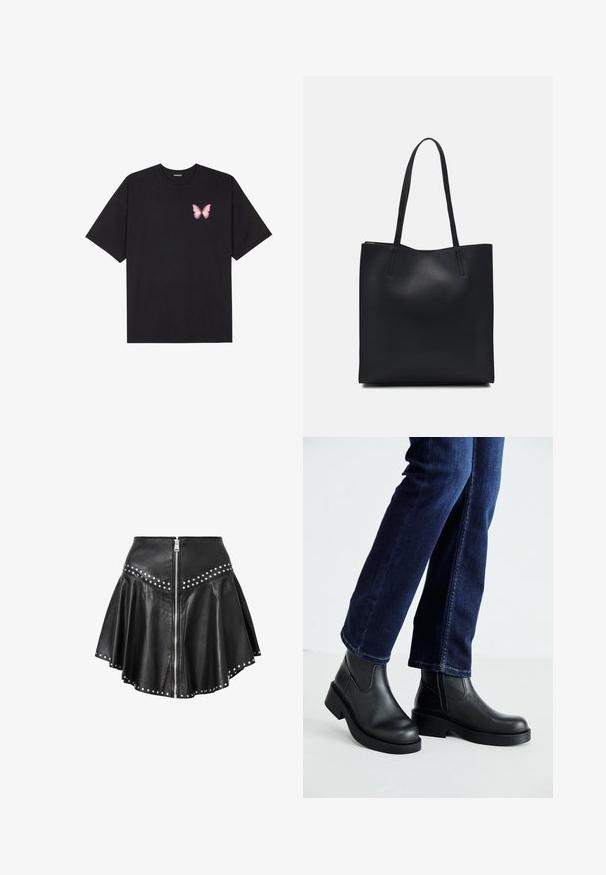 Juodas medvilnės marškinėliai trumpomis rankovėmis, su maža rožine drugelio grafika kairėje krūtinės pusėje. Apvalus kaklo iškirpimas, laisvas kirpimas.; Juoda odinė mini sijonas su platėjančiu dizainu, sidabriniais kalnų krištolo akmenimis palei apvadą ir liemenį, bei priekiniais užtrauktukais. Visoje sijono tekstūra buvo lygi.; Juoda odinė kulkšninių botų su storu padu ir šoninėmis elastinėmis detalėmis, derinama su tamsiai mėlynomis džinsais. Žemė šviesios spalvos.; Juodas odinis tote krepšys su lygia tekstūra, stačiakampio formos ir dviem ilgais rankenomis. Matomų metalinių detalių ar puošybos nėra.