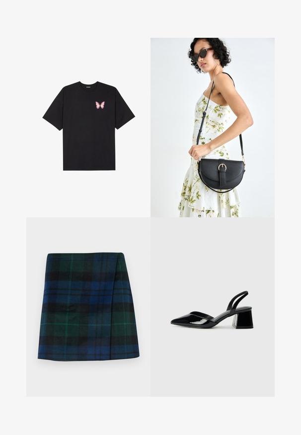 Musta puuvillapaita lyhyillä hihoilla, jossa on pieni vaaleanpunainen perhosgrafiikka vasemmassa rinnassa. Pyöreä kaula-aukko ja rento istuvuus.; Ruudukkohaalarit, joissa on tummanvihreitä, sinisiä ja mustia värejä, suora leikkaus ja pehmeä textura, mutta jämäkkä muoto.; Mustat patentoitu nahkakengät, joissa on säären takaosa ja terävä kärki, sekä geometrinen palikkakorko. Sisältää tyylikkään, minimalistisen muotoilun ja sileän pinnan.; Musta nahkainen käsilaukku, joka on kaareva muotoilultaan, irrotettavalla hihnalla ja kultaisilla yksityiskohdilla. Laukussa on läppä, jossa on solk yksityiskohta.