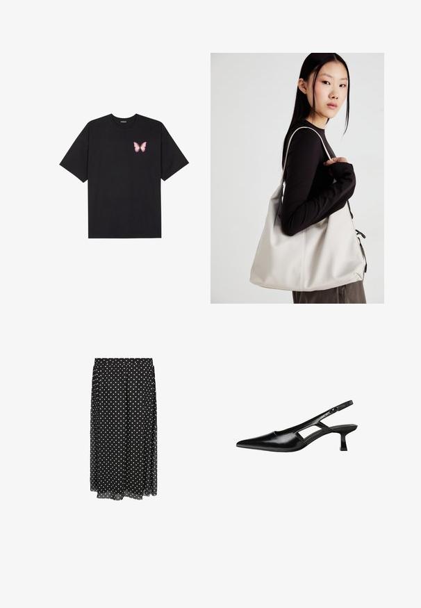 T-shirt nera in cotone con maniche corte, caratterizzata da una piccola grafica di una farfalla rosa sul lato sinistro del petto. Design a girocollo con una vestibilità rilassata.; Gonna nera a pois realizzata in tessuto leggero con elastico in vita, caratterizzata da pois bianchi disposti in modo uniforme e orlo sul fondo.; Tacchi slingback in pelle verniciata nera con punta affusolata, design con tagli laterali e tacco quadrato piccolo. Texture liscia con dettagli minimi.; Borsa a mano beige realizzata in materiale morbido, caratterizzata da un design morbido, dettagli cuciti e due manici. Adatta per l'uso quotidiano.