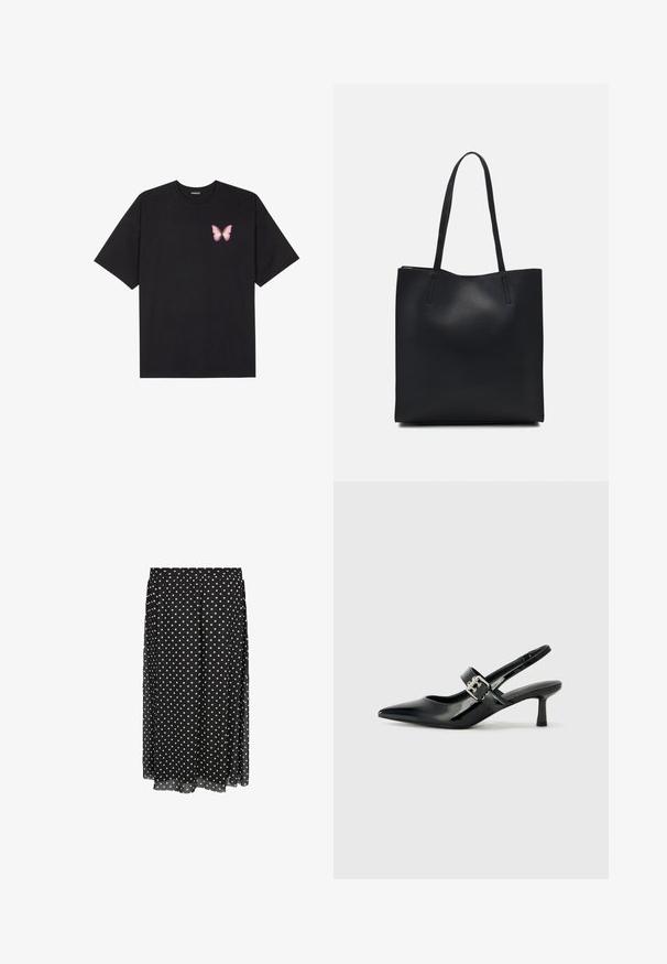 Czarny bawełniany t-shirt z krótkim rękawem, z małym różowym motylkiem na lewej piersi. Klasyczny dekolt z luźnym fasonem.; Czarna spódnica w białe kropki wykonana z lekkiego materiału, z elastycznym pasem, z białymi kropkami w jednolitym wzorze, z wykończeniem krawędzi u dołu.; Czarne lakierowane szpilki slingback z wąskim noskiem i małym słupkiem, z ozdobnym srebrnym klamrą na pasku.; Czarna skórzana torba tote o gładkiej fakturze, prostokątnym kształcie i dwóch długich uchwytach. Brak widocznych elementów metalowych i ozdób.