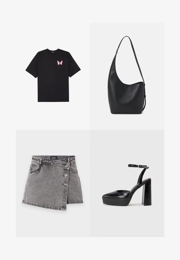 Czarny bawełniany t-shirt z krótkim rękawem, z małym różowym motylkiem na lewej piersi. Klasyczny dekolt z luźnym fasonem.; Szara dżinsowa spódnica mini o asymetrycznym kroju, z metalowymi guzikami i detalem przedniej kieszeni. Gładka textura i swobodny design.; Czarne platformy na wysokim obcasie z szpiczastym noskiem i regulowanym paskiem na kostkę. Wykonane z gładkiej skóry, z grubym słupkowym obcasem.; Czarna skórzana torba hobo o gładkiej fakturze, zaokrąglonym kształcie i pojedynczym, regulowanym pasku; posiada szerokie otwarcie na górze.
