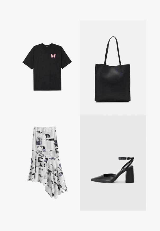 T-shirt nera in cotone con maniche corte, caratterizzata da una piccola grafica di una farfalla rosa sul lato sinistro del petto. Design a girocollo con una vestibilità rilassata.; Gonna asimmetrica bianca con un design stampato con testo e immagini neri, realizzata in tessuto leggero. I bordi sono finemente rifiniti.; Pump in pelle nera con punta affusolata, cinturino alla caviglia e tacco spesso. Texture piatta, design elegante ed estetica minimalista.; Borsa tote in pelle nera con texture liscia, forma rettangolare e due manici lunghi. Nessun hardware o decorazione visibile.