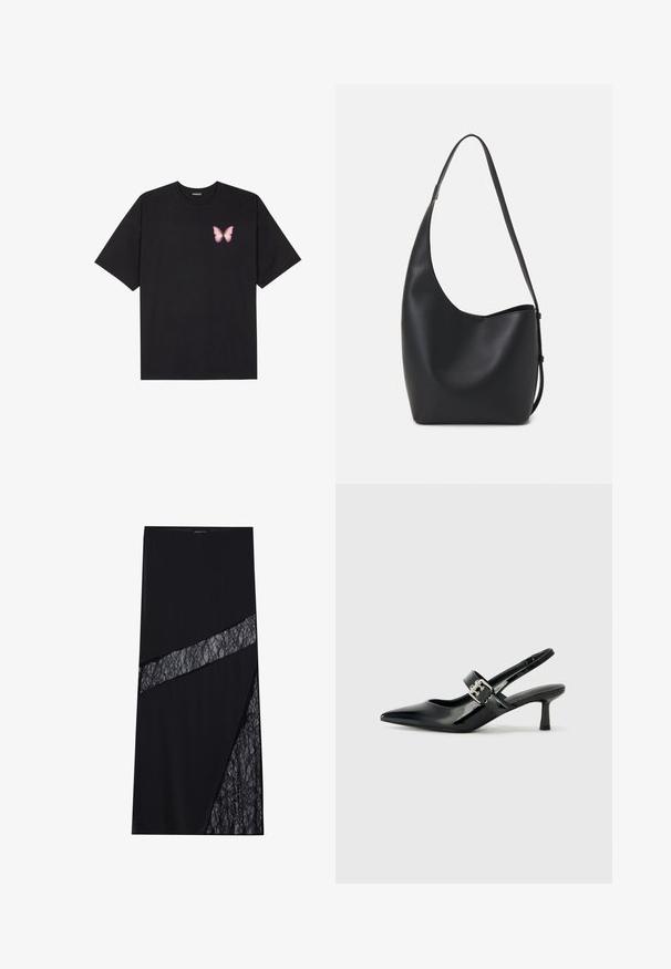 Svart bomullströja med korta ärmar, med en liten rosa fjärilsgrafik på vänster bröst. Rundad halsdesign med en avslappnad passform.; Even&Odd Maxikjol - black; Svarta patentläder slingback-klackar med spetsig tå och en liten blockklack, med en silvrig spänneaccent på remmen.; Svart läder hobo-väska med en slät textur, kurvig form och en justerbar axelrem; har en bred öppning upptill.