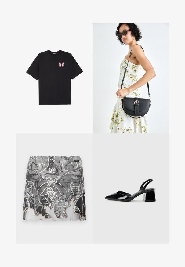 Zwarte katoenen t-shirt met korte mouwen, voorzien van een kleine roze vlinder graphic op de linkerkant van de borst. Crew neck ontwerp met een relaxte fit.; Zwart-witte mini rok met een patroon van abstracte ontwerpen, een gegolfde zoom en een gladde stoftextuur met een subtiele glans.; Zwarte gepatineerde leren slingback hakken met een spitse neus en een geometrische blokhak. Kenmerkt zich door een slank, minimalistisch ontwerp en een gladde textuur.; Zwarte leren handtas met een gebogen vorm, afneembare schouderband en gouden hardware. De tas heeft een klep met een gespsluiting.