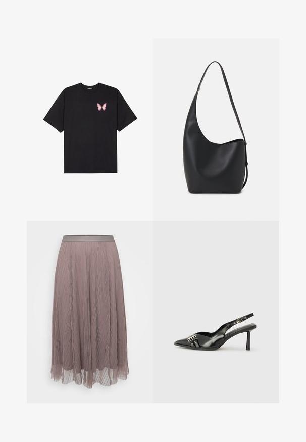 Fekete pamut póló rövid ujjakkal, bal mellkason egy kis rózsaszín pillangó grafikával. Kerek nyakú kialakítás, laza fazonnal.; Redőzött midi szoknya puha mályva színben, sima satin derékkal. Könnyű, áramló anyag, függőleges vonalakkal és áttetsző rétegekkel.; Fekete lakk bőr, hegyes orrú slingback cipő, boka pántokkal, ezüst csatokkal és hardverelemekkel, valamint karcsú sarkú.; Fekete bőr hobo táska sima textúrával, ívelt formával és egyetlen állítható pánttal; széles nyílás található a tetején.