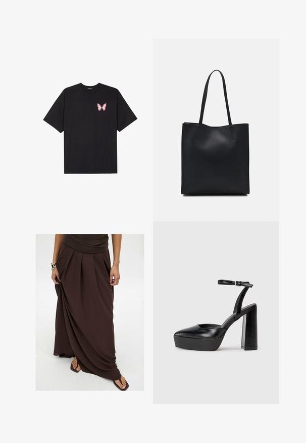 Black cotton t-shirt with short sleeves, featuring a small pink butterfly graphic on the left chest. Crew neck design with a relaxed fit.; Brown maxi skirt made from lightweight fabric featuring pleats, a flowing design, and an elastic waistband for comfort.; Black platform heels with a pointed toe and adjustable ankle strap. Constructed from smooth leather, featuring a chunky block heel.; Black leather tote bag with smooth texture, rectangular shape, and two long handles. No visible hardware or embellishments.