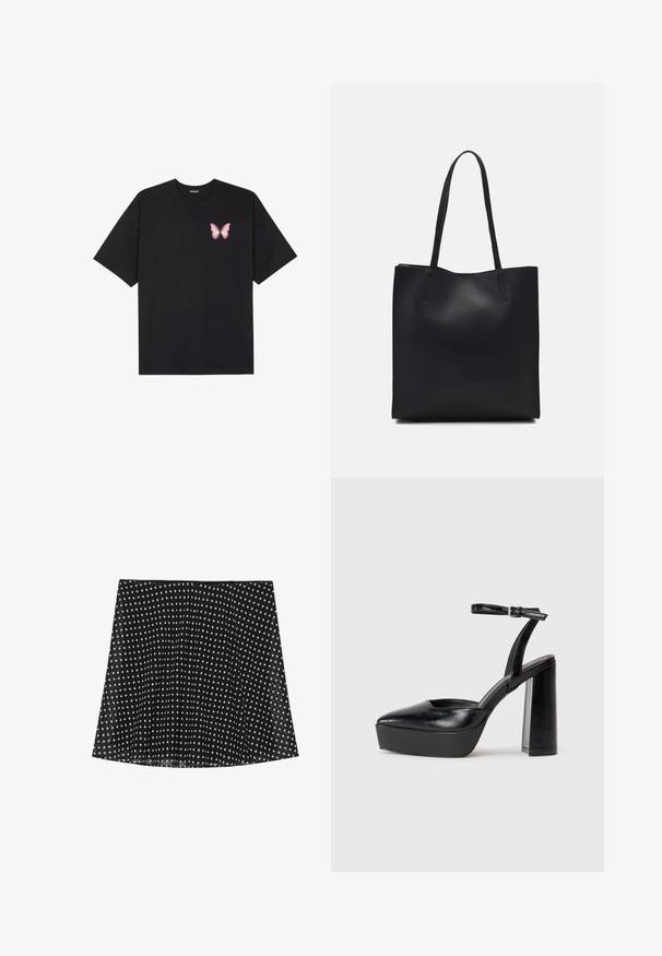 T-shirt en coton noir à manches courtes, avec un petit graphique de papillon rose sur la poitrine gauche. Modèle à col rond avec une coupe décontractée.; Jupe noire à pois blancs, avec des plis et une texture lisse. Elle a un ourlet arrondi et un design de ceinture simple.; Escarpins noirs à plateforme avec un bout pointu et une sangle réglable à la cheville. Conçus en cuir lisse, avec un large talon bloc.; Sac fourre-tout en cuir noir avec une texture lisse, de forme rectangulaire et deux longues poignées. Pas de matériel ou d'ornementations visibles.