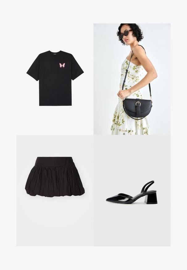 Svart bomullströja med korta ärmar, med en liten rosa fjärilsgrafik på vänster bröst. Rundad halsdesign med en avslappnad passform.; Svart, lager-på-lager minikjol med bred midjeband, gjord av mjukt, texturerat tyg och med plisserad design. Inga synliga stängningar eller utsmyckningar.; Svarta lackläder slingback klackar med spetsig tå och geometrisk klack. Har en elegant, minimalistisk design och slät yta.; Svart läderhandväska med en böjd form, avtagbar rem och guldiga detaljer. Väskan har ett lock med en spänndetalj.