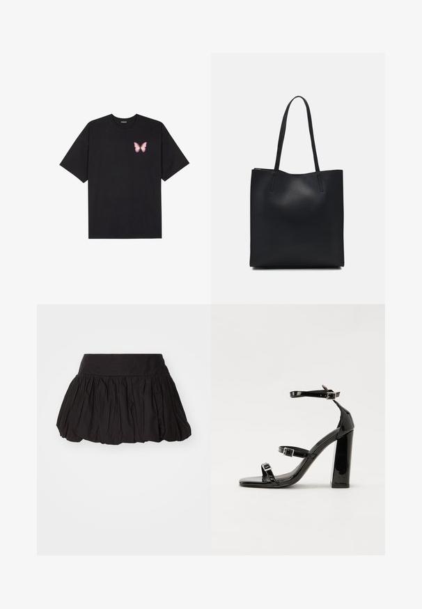 Svart bomulls T-skjorte med korte ermer, med en liten rosa sommerfugl grafikk på venstre bryst. Crew-neck design med en avslappet passform.; Svart lagd mini-skjørt med bred midjebånd, laget av myk, strukturert stoff og plissert design. Ingen synlige lukkinger eller dekorasjoner.; Svarte høyhælte sandaler i lakk med to spennestraps, firkantet tå og en tykk blokkhæl, med en glatt, blank tekstur.; Svart lær tote bag med glatt tekstur, rektangulær form og to lange håndtak. Ingen synlige deler eller dekorasjoner.