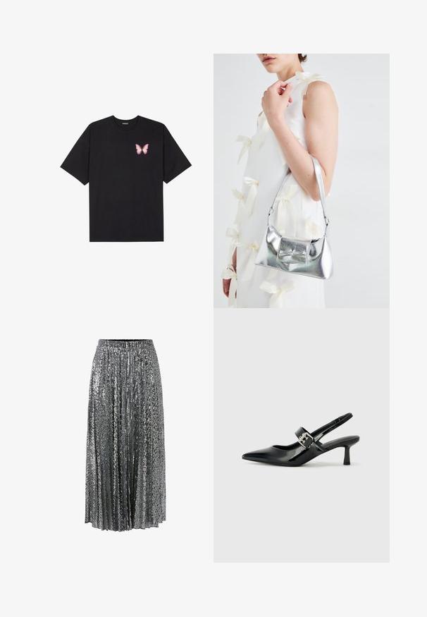 T-shirt en coton noir à manches courtes, avec un petit graphique de papillon rose sur la poitrine gauche. Modèle à col rond avec une coupe décontractée.; Jupe argentée à sequins, design plissé, taille élastique, longueur au sol, texture réfléchissante et détails scintillants sur toute sa surface.; Escarpins slingback en cuir verni noir avec un bout pointu et un petit talon bloc, mettant en avant un accent en boucle argentée sur la sangle.; Sac à main métallisé argenté au design structuré, avec une poignée supérieure et un détail en nœud sur le devant. Texture lisse, fini réfléchissant.