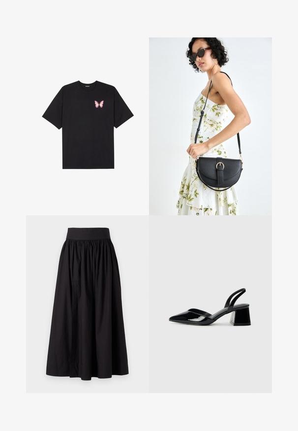 Črna bombažna majica s kratkimi rokavi, ki ima majhen roza metuljček na levi strani prsnega dela. Majica s krožnim ovratnikom in sproščenim krojem.; Črna midi krila iz bombaža, z elastičnim pasom, nagubanjem in gladko, tekočo teksturo. Brez vidnih vzorcev ali podrobnosti.; Črne lakirane slingback pete s koničastim nosom in geometrijsko blokasto peto. Imajo eleganten, minimalističen dizajn in gladko teksturo.; Črna usnjena torbica s ukrivljeno obliko, z odstranljivo naramnico in zlatimi dodatki. Torbica ima pokrov s podrobnostmi v obliki zaponke.