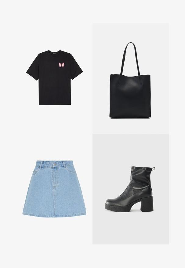 T-shirt de algodão preto com mangas curtas, apresentando um pequeno gráfico de borboleta rosa no lado esquerdo do peito. Design de gola redonda com um corte solto.; Saia de ganga azul clara com um formato evasé, cintura alta, bolsos frontais e fecho em botão prateado na cintura; sem padrões visíveis.; Botas de tornozelo pretas feitas de couro liso, com fecho lateral, salto grosso texturizado e design de bico arredondado.; Bolsa tote preta em couro com textura lisa, forma retangular e duas alças longas. Sem hardware ou enfeites visíveis.
