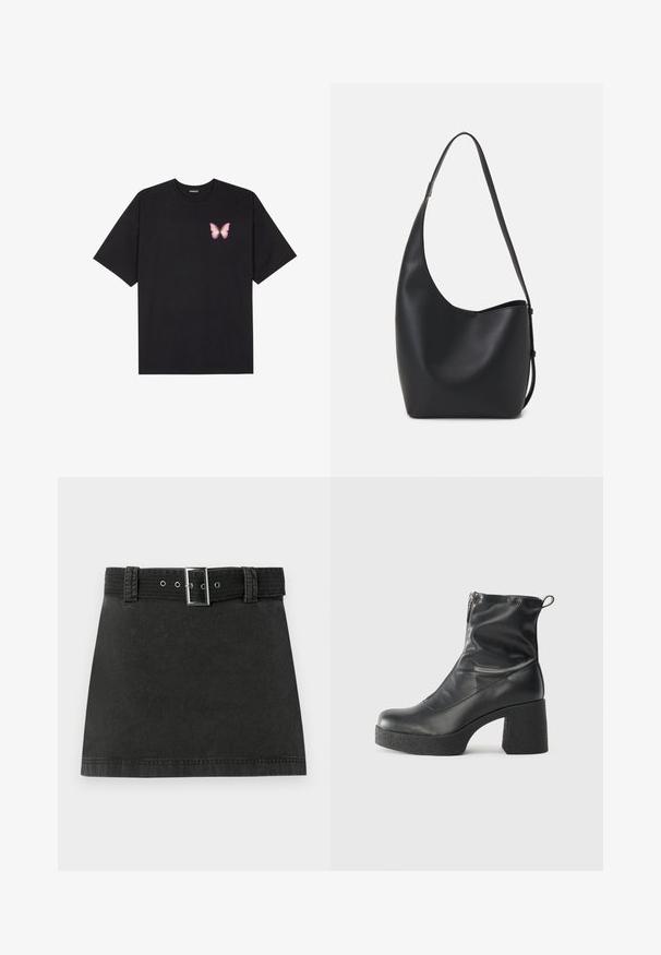 Schwarzes Baumwoll-T-Shirt mit kurzen Ärmeln, das ein kleines pinkes Schmetterlingsmotiv auf der linken Brust zeigt. Crewneck-Design mit einem entspannten Schnitt.; Schwarzer Denim-Minirock mit passendem Gürtel, der eine metallische Schnalle und Gürtelschlaufen aufweist, flach auf einem weißen Hintergrund präsentiert.; Schwarze Stiefeletten aus glattem Leder mit seitlichem Reißverschluss, klobigem strukturiertem Absatz und runder Zehenform.; Schwarze Leder-Hobo-Tasche mit einer glatten Textur, geschwungener Form und einem einzelnen verstellbaren Tragegurt; verfügt über eine weite Öffnung am oberen Ende.