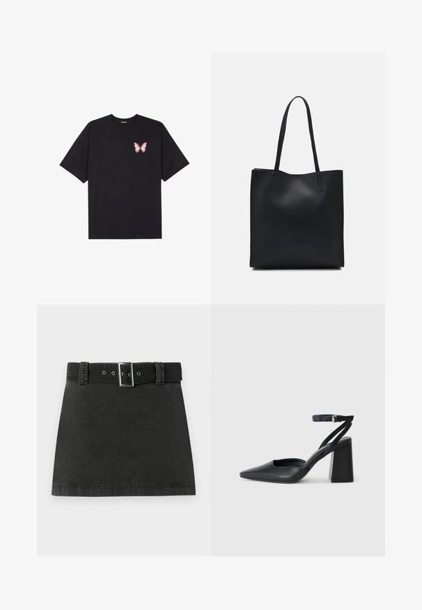 Fekete pamut póló rövid ujjakkal, bal mellkason egy kis rózsaszín pillangó grafikával. Kerek nyakú kialakítás, laza fazonnal.; Fekete farmer mini szoknya, megfelelő övvel, fémből készült csattal és övhurkokkal, fehér háttéren elhelyezve.; Fekete bőr, hegyes orrú magassarkú cipő boka pánttal és vastag sarokkal. Sima textúra, elegáns dizájn és minimális esztétika.; Fekete bőrtáska sima felszínnel, téglalap alakú, két hosszú füllel. Nincs látható fémkiegészítő vagy díszítés.