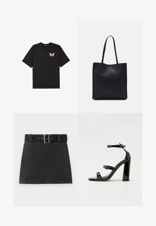 T-shirt en coton noir à manches courtes, avec un petit graphique de papillon rose sur la poitrine gauche. Modèle à col rond avec une coupe décontractée.; Jupe mini en denim noir avec une ceinture assortie présentant une boucle métallique et des passants de ceinture, affichée à plat sur un fond blanc.; Sandales à talons vernies noires avec un bout carré, des sangles autour de la cheville et des boucles en argent. Dotées d'un talon bloc épais pour plus de stabilité.; Sac fourre-tout en cuir noir avec une texture lisse, de forme rectangulaire et deux longues poignées. Pas de matériel ou d'ornementations visibles.
