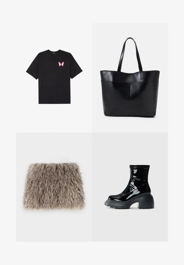 T-shirt de algodão preto com mangas curtas, apresentando um pequeno gráfico de borboleta rosa no lado esquerdo do peito. Design de gola redonda com um corte solto.; Clutch de pelúcia falsa em cinza claro com uma textura peluda. Forma retangular com fios suaves e ondulados, sem hardware ou acentos visíveis.; Bota de tornozelo em plataforma preta brilhante com bico redondo, salto robusto, fecho de zíper e sola grossa e estriada em fundo branco.; Bolsa tote preta em couro com duas alças longas, textura suave e forma estruturada. Apresenta um bolso frontal para armazenamento adicional.
