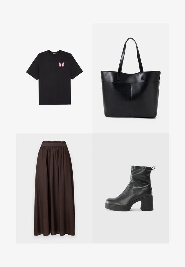 Melna kokvilnas T-krekls ar īsām piedurknēm, kuram priekšā kreisajā pusē ir neliels rozā tauriņa grafiskais attēls. Ar apaļu kaklu un brīvā stila piegriezumu.; Brūna, potītes garuma svārki, izgatavoti no gludas auduma. Elastīga josta ar savītu tekstūru, nodrošinot brīvu piegulšanu. Vienkāršs dizains, bez rakstiem.; Melni potītes zābaki, kas izgatavoti no gludas ādas, ar sānu rāvējslēdzēju, masīvu strukturētu papēdi un noapaļotu purngalu.; Melnas ādas iepirkumu soma ar divām garām rokturām, gludu tekstūru un strukturētu formu. Iekļauj priekšējo kabatu papildu uzglabāšanai.