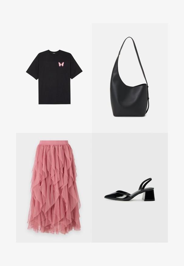 Svart bomulls T-skjorte med korte ermer, med en liten rosa sommerfugl grafikk på venstre bryst. Crew-neck design med en avslappet passform.; Rosa lagdelt nederdel laget av lett stoff med volangdesign. Har elastisk midjebånd og faller til midt på leggen.; Svarte patentlær slingback hæler med spiss tå og geometrisk blokk hæl. Har et stilrent, minimalistisk design og jevn tekstur.; Svart lær hobo-veske med glatt tekstur, buet form og enkelt justerbart stropp; har en bred åpning på toppen.