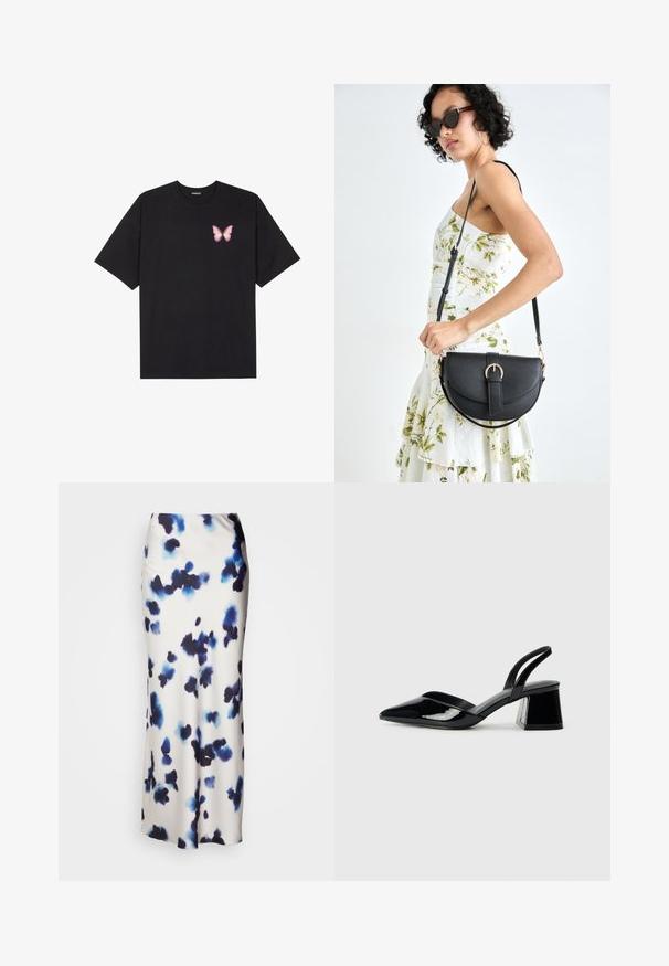 T-shirt nera in cotone con maniche corte, caratterizzata da una piccola grafica di una farfalla rosa sul lato sinistro del petto. Design a girocollo con una vestibilità rilassata.; Lindex SKIRT MARY - Gonna lunga - light beige; Décolleté in vernice nera con punta affusolata e tacco in geometria cubica. Presentano un design elegante e minimalista, con una texture liscia.; Borsa a tracolla nera in pelle con una forma curva, manico rimovibile e accessori dorati. La borsa presenta una patta con un dettaglio a fibbia.