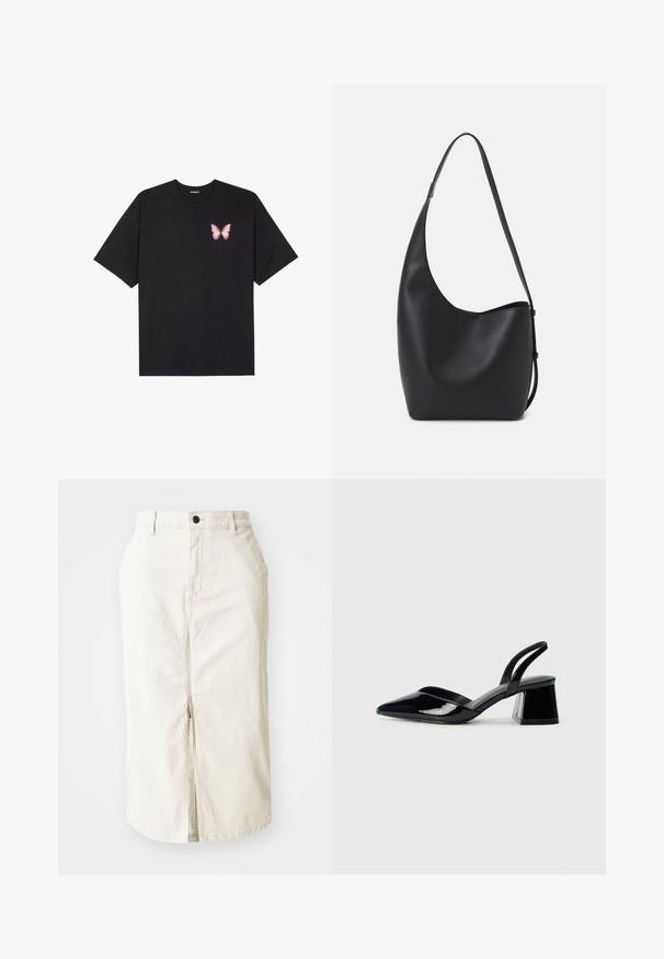 Tricou negru din bumbac cu mâneci scurte, având pe partea stângă a pieptului un mic grafic cu un fluture roz. Design cu guler rotund și croială lejeră.; Fustă midi din bumbac bej, cu fante în față, închidere cu buton superior și fără buzunare vizibile. Talie plată și textură netedă.; Pantofi cu toc slingback din piele lacuită neagră, cu vârf ascuțit și toc geometric. Prezintă un design elegant, minimalist și o textură netedă.; Geantă hobo din piele neagră, cu o textură netedă, formă curbată și un singur bretele ajustabil; are o deschidere largă în partea de sus.