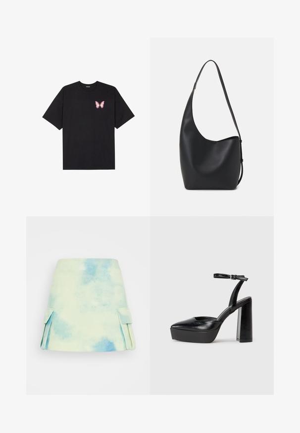 Černé bavlněné tričko s krátkým rukávem, na levém prsou s malou grafikou růžové motýlky. Design s kruhovým výstřihem a volným střihem.; Krátká A-line sukně v pastelovém akvarelovém vzoru s modrými a zelenými tóny. Obsahuje boční kapsy a hladkou texturu látky.; Černé platformové podpatky s špičatou špičkou a nastavitelným kotníkovým popruhem. Vyrobeny z hladké kůže, s masivním blokovým podpatkem.; Černá kožená hobo taška s hladkým povrchem, zakřiveným tvarem a jedním nastavitelným popruhem; má široké otevírání nahoře.