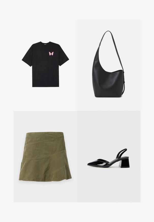 Sort bomulds T-shirt med korte ærmer, prydet med en lille pink sommerfugl grafik på venstre bryst. Rund hals design med en afslappet pasform.; Olivenfarvet fløjlskørt med en svajet form, der har skrå sømme og en subtil tekstur. Mellemlangt design uden synlige lukninger.; Sorte patentlæder slingback hæle med spids tå og en geometrisk blok hæl. Har et elegant, minimalistisk design og en glat tekstur.; Sort læder hobo taske med en glat overflade, buet form og en enkelt justerbar rem; har en bred åbning øverst.