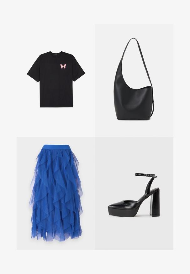 T-shirt en coton noir à manches courtes, avec un petit graphique de papillon rose sur la poitrine gauche. Modèle à col rond avec une coupe décontractée.; Jupe en tulle bleu à plusieurs couches avec un design ondulé, dotée d'une ceinture large et d'une texture douce et transparente. Les volants créent un look volumineux.; Escarpins noirs à plateforme avec un bout pointu et une sangle réglable à la cheville. Conçus en cuir lisse, avec un large talon bloc.; Sac hobo en cuir noir avec une texture lisse, une forme incurvée et une seule sangle réglable ; dispose d'une large ouverture en haut.