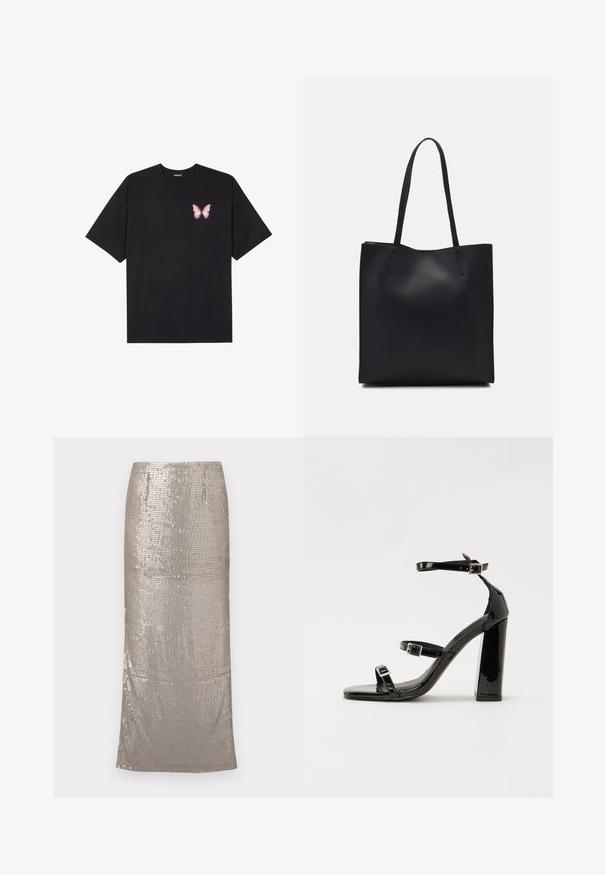 Black cotton t-shirt with short sleeves, featuring a small pink butterfly graphic on the left chest. Crew neck design with a relaxed fit.; Shiny, silver midi skirt covered in sequins, featuring a straight silhouette and a hemline that falls below the knee. Smooth texture.; Black patent high-heeled sandals with two buckle straps, square toe, and a chunky block heel, featuring a smooth, glossy texture.; Black leather tote bag with smooth texture, rectangular shape, and two long handles. No visible hardware or embellishments.