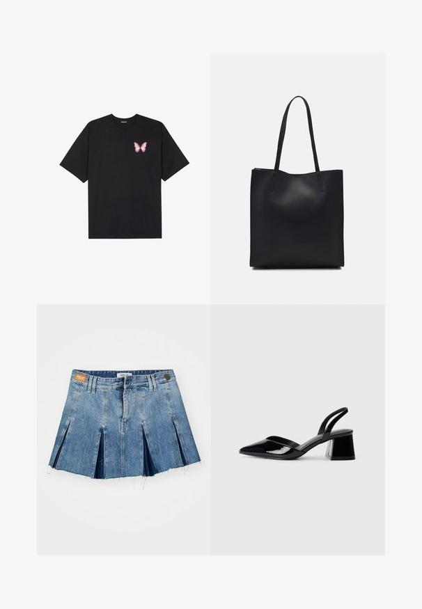 Crna pamučna majica s kratkim rukavima, s malim grafičkim prikazom ružičaste vjetricaste s desne strane na prsima. Dizajn s okruglim izrezom i opuštenim krojem.; Denim mini suknja u svijetloplavoj boji, s plisiranim dizajnom, sirovim rubom i brandiranim kožnim oznakom na pojasu. Zatvaranje na patentni zatvarač i dugme.; Crne lakirane kožne sandale s otvorenom petom i špicastim vrhom, s geometrijskom blok petom. Imaju elegantan, minimalistički dizajn i glatku teksturu.; Crna kožna torba za nošenje s glatkom teksturom, pravokutnim oblikom i dvije duge ručke. Nema vidljivih metalnih dijelova ili ukrasa.