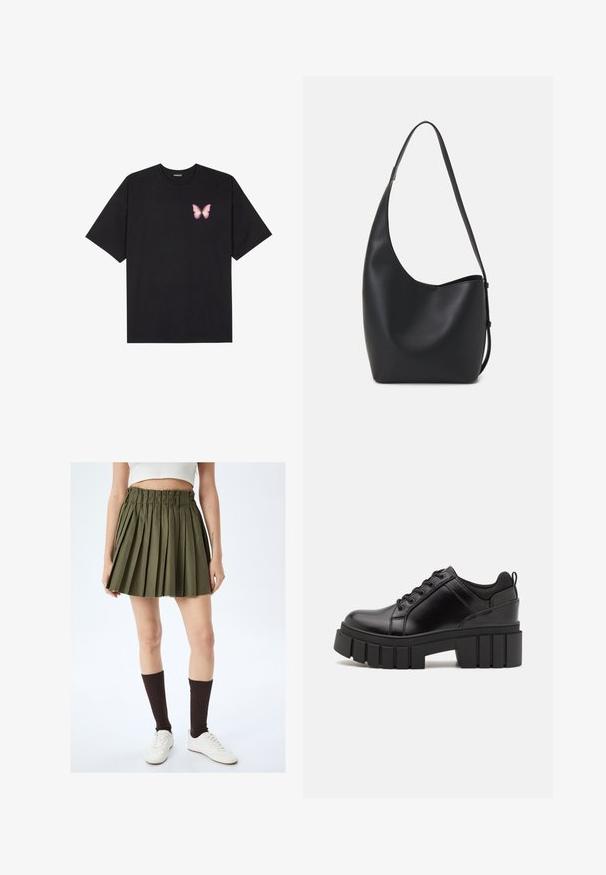 T-shirt en coton noir à manches courtes, avec un petit graphique de papillon rose sur la poitrine gauche. Modèle à col rond avec une coupe décontractée.; Jupe plissée vert olive avec un ourlet effiloché, une taille élastique et un tissu texturé. Associée à des chaussures blanches et des chaussettes montantes marron.; Chaussures à plateforme en cuir noir avec un talon bloc épais, bout rond et un design traditionnel à lacets. Elles présentent une texture lisse et un détail minimal.; Sac hobo en cuir noir avec une texture lisse, une forme incurvée et une seule sangle réglable ; dispose d'une large ouverture en haut.