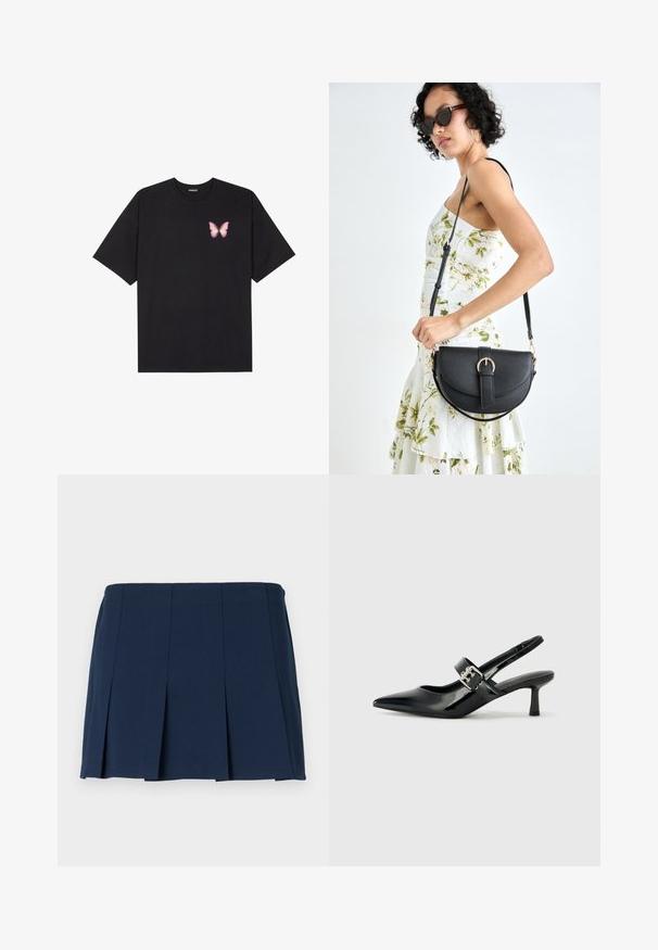 Black cotton t-shirt with short sleeves, featuring a small pink butterfly graphic on the left chest. Crew neck design with a relaxed fit.; Navy blue pleated mini skirt with a straight waistband, made from a smooth fabric. Features vertical stitching along the pleats.; Black patent leather slingback heels with a pointed toe and a small block heel, featuring a silver buckle accent on the strap.; Black leather handbag with a curved shape, detachable strap, and gold hardware. The bag features a flap with a buckle detail.