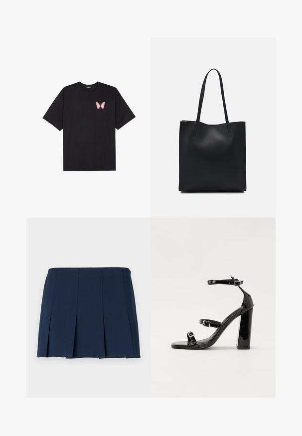 T-shirt nera in cotone con maniche corte, caratterizzata da una piccola grafica di una farfalla rosa sul lato sinistro del petto. Design a girocollo con una vestibilità rilassata.; Gonna mini plissettata blu navy con vita dritta, realizzata in un tessuto liscio. Presenta cuciture verticali lungo le plissettature.; Sandali con tacco in vernice nera, con punta squadrata, cinturini alla caviglia e fibbie in argento. Presentano un tacco a blocco spesso per maggiore stabilità.; Borsa tote in pelle nera con texture liscia, forma rettangolare e due manici lunghi. Nessun hardware o decorazione visibile.