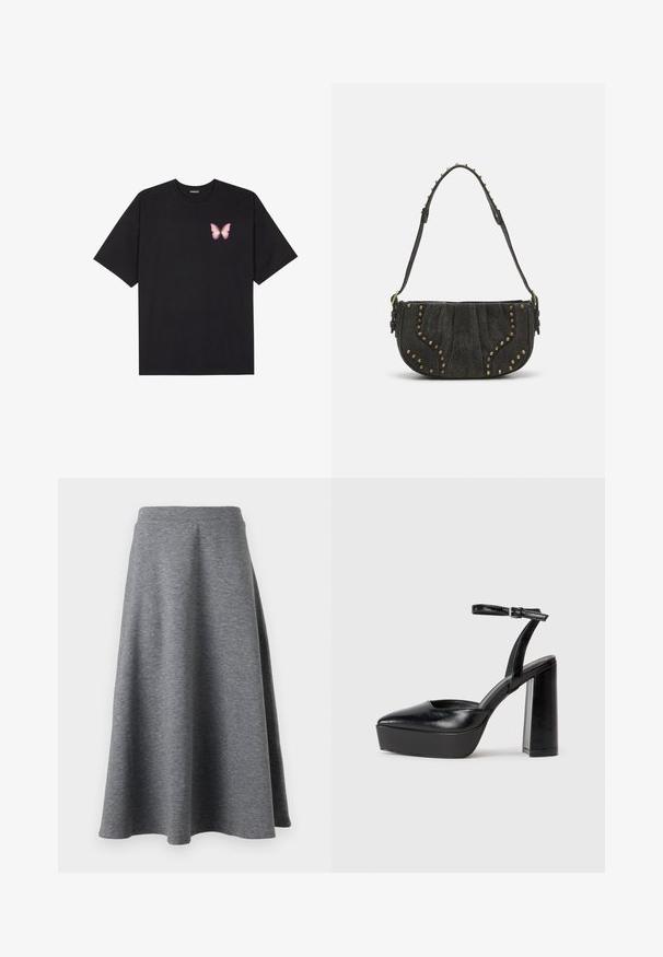 Juodas medvilnės marškinėliai trumpomis rankovėmis, su maža rožine drugelio grafika kairėje krūtinės pusėje. Apvalus kaklo iškirpimas, laisvas kirpimas.; Pilkos, kelių colių ilgio sijonas, pagamintas iš minkštos, elastingos medžiagos, pasižymintis platėjančiu dizainu ir elastinga liemens juosta komfortui.; Juodi platforminiai aukšti kulniukai su smailiu kojų pirštu ir reguliuojamu kulkšnies dirželiu. Pagaminti iš lygaus odos, turi masyvų blokinį kulną.; Juodas zomšinės rankinės su išlenktu dizainu, su vinių akcentais ir tekstūruota paviršiumi. Reguliuojama petneša su viniukų detalėmis aplink kraštą.