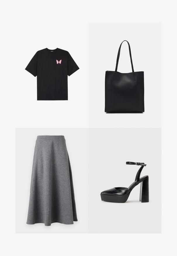 Black cotton t-shirt with short sleeves, featuring a small pink butterfly graphic on the left chest. Crew neck design with a relaxed fit.; Gray, knee-length skirt made of soft, stretchy material, featuring a flared design and an elastic waistband for comfort.; Black platform heels with a pointed toe and adjustable ankle strap. Constructed from smooth leather, featuring a chunky block heel.; Black leather tote bag with smooth texture, rectangular shape, and two long handles. No visible hardware or embellishments.