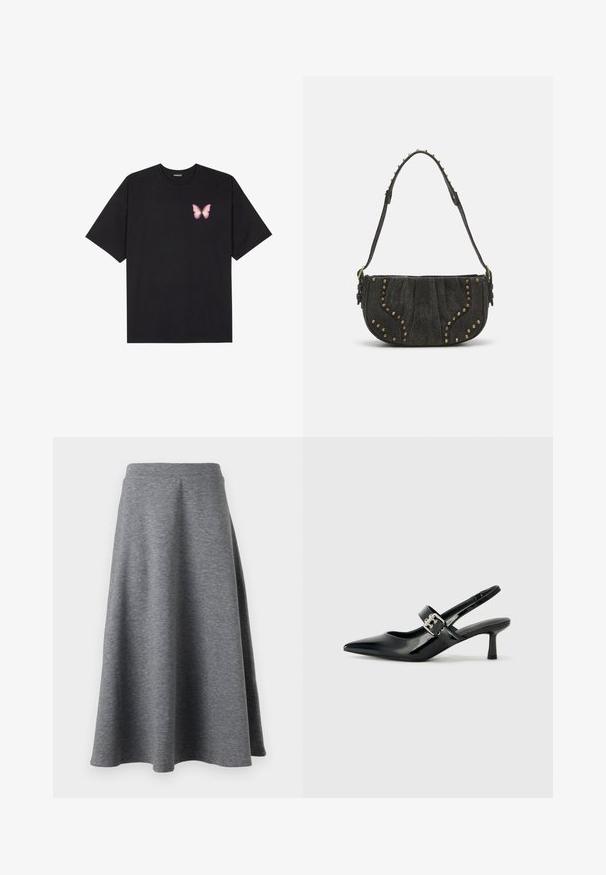 T-shirt en coton noir à manches courtes, avec un petit graphique de papillon rose sur la poitrine gauche. Modèle à col rond avec une coupe décontractée.; Jupe grise, longueur genou, en matériau doux et extensible, avec un design évasé et une taille élastique pour le confort.; Escarpins slingback en cuir verni noir avec un bout pointu et un petit talon bloc, mettant en avant un accent en boucle argentée sur la sangle.; Sac à main en daim noir au design courbé, avec des accents en rivets et une surface texturée. Bandoulière ajustable avec des détails en clous le long du bord.