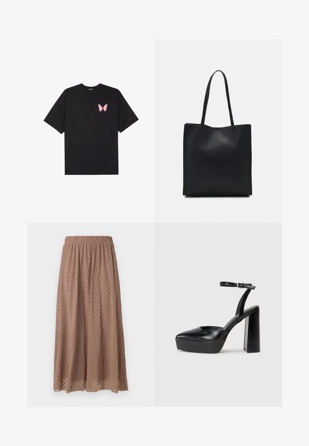 Črna bombažna majica s kratkimi rokavi, ki ima majhen roza metuljček na levi strani prsnega dela. Majica s krožnim ovratnikom in sproščenim krojem.; Rjava, krila do kolen z elastičnim pasom, teksturirana tkanina z diamanti v svetlejšem odtenku, lahka in zračna.; Črne platforme z visokimi petami in koničastim nosom ter nastavljivim gležnjenjskim trakom. Narejene iz gladke usnje, s kockasto peto.; Črna usnjena torba s svilnato teksturo, pravokotne oblike in dvema dolgima ročajema. Brez vidnih metalnih delov ali okrasnih elementov.
