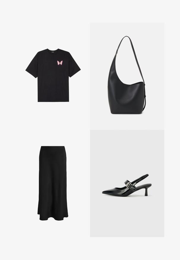 Sort bomulds T-shirt med korte ærmer, prydet med en lille pink sommerfugl grafik på venstre bryst. Rund hals design med en afslappet pasform.; Sort nederdel lavet af glat stof; har en tætsiddende talje og en udflydende kant, hvilket skaber en slank, lige silhuet uden synlige lukkemekanismer.; Sorte laker slingback hæle med spids tå og en lille blokhæl, med en sølvspændeaccent på remmen.; Sort læder hobo taske med en glat overflade, buet form og en enkelt justerbar rem; har en bred åbning øverst.
